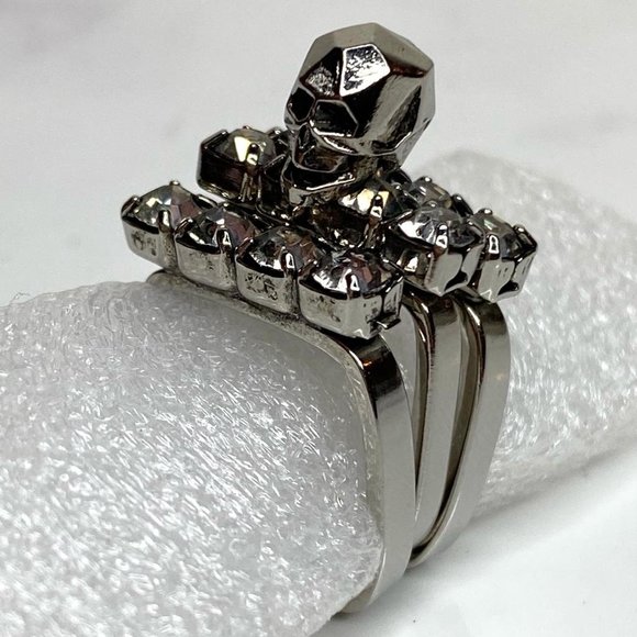 Joomi Lim 3D Skull Silver-Plated Stackable Swarovski Crystal 3 Ring Set Sz 5.5 - Picture 1 of 11